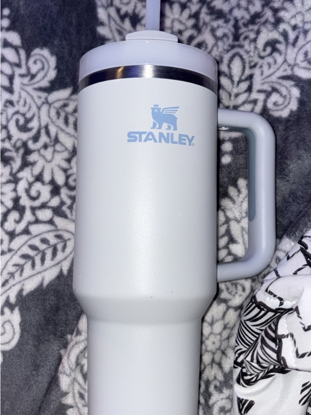 Stanley White Travel Mug with Light Blue Logo and Handle